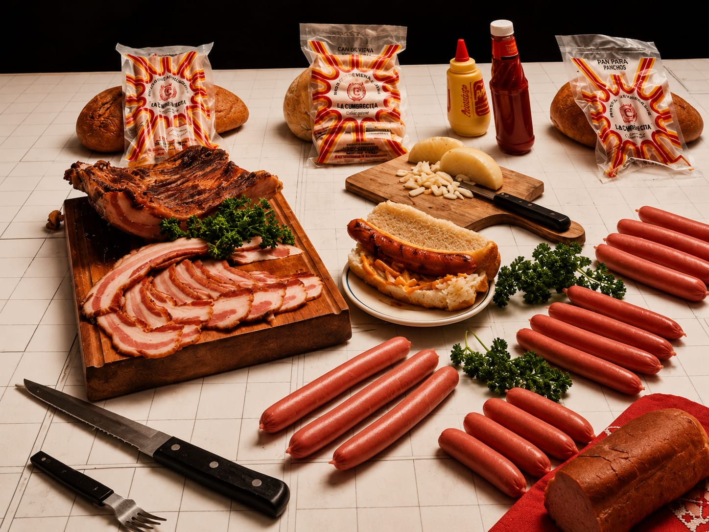 Mesa de productos El Bohemio con salchichas, panes y carnes frías