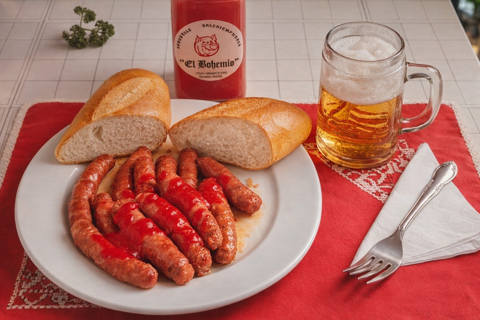 Salchichas con salsa Atavaska, pan francés y cerveza sobre un mantel rojo tradicional